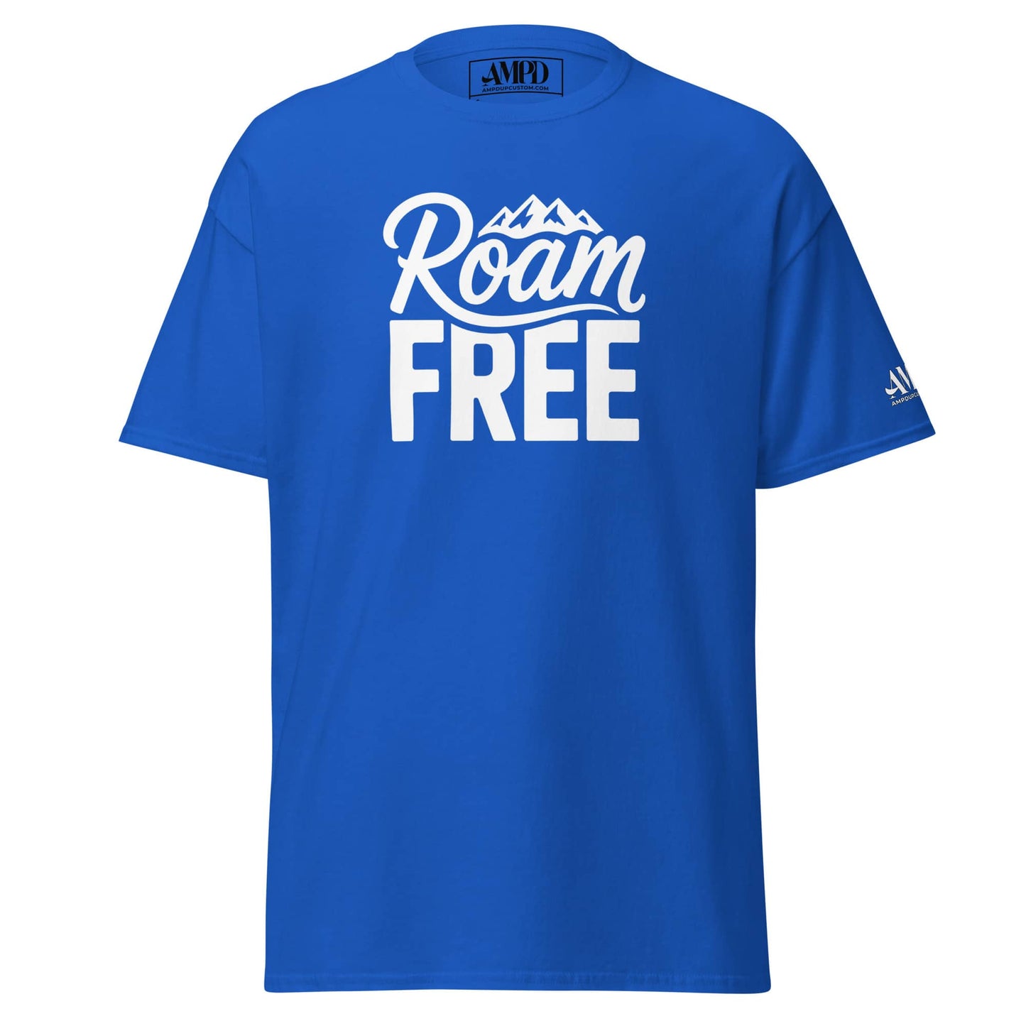 Bright blue Roam Free T-Shirt Outdoor Explorer Tee for Hikers, Travelers & Wanderers