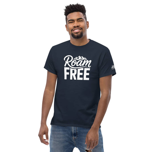 Roam Free T-Shirt Outdoor Explorer Tee for Hikers, Travelers & Wanderers in navy color