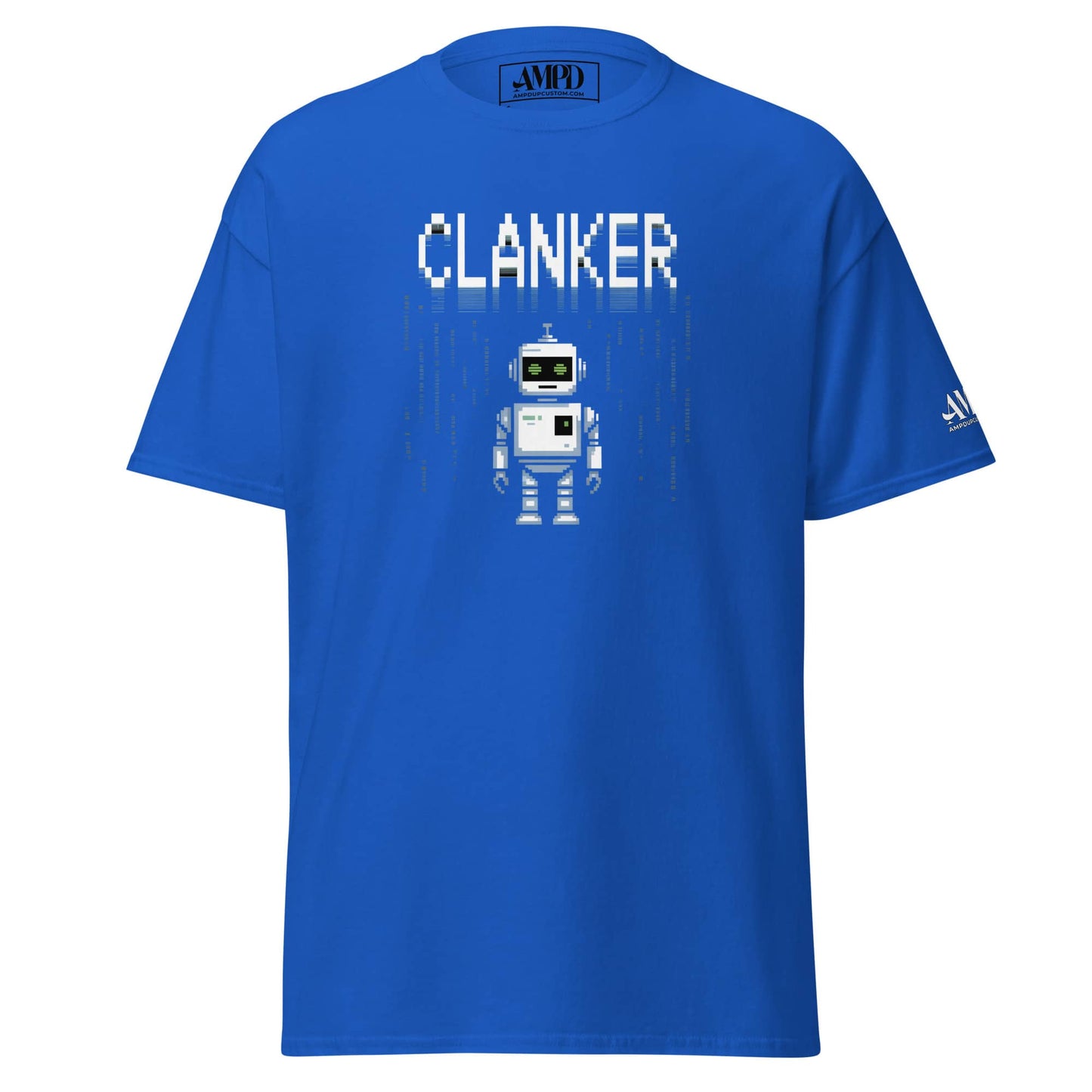 Robot Clanker T-Shirt Funny Sci-Fi Robot Graphic Tee in blue with pixelated robot design