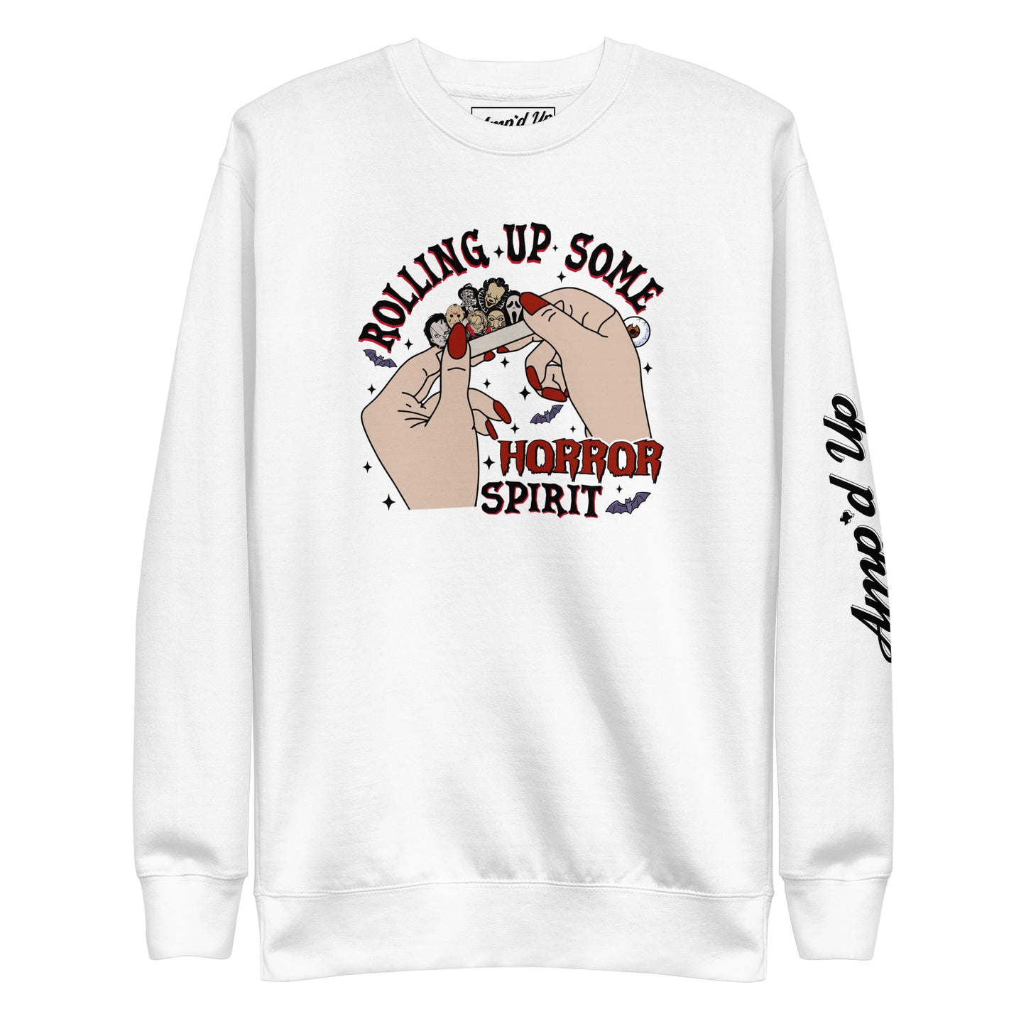 Amp'd Up Custom white sweatshirt featuring Rolling Up Some Horror Spirit Sweatshirt graphic with hands rolling a horror-themed joint