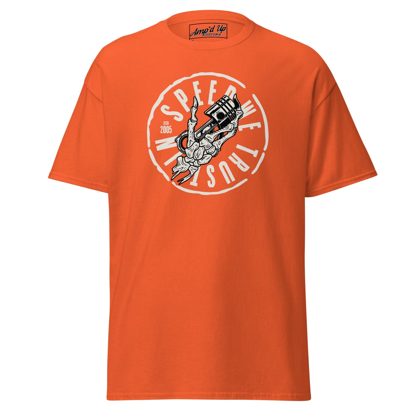 In Speed We Trust T-Shirt in orange featuring a graphic design for racing enthusiasts