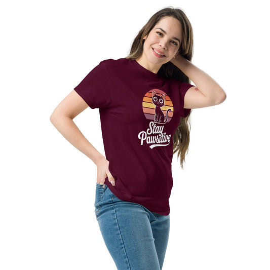 Stay Pawsitive Kitty Cat Lover Graphic T-Shirt in Burgundy with Cute Cat Design