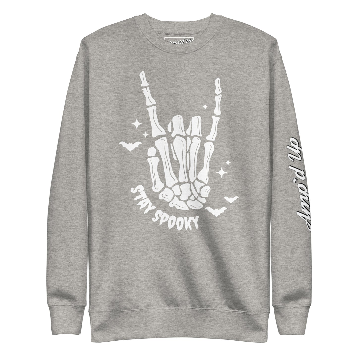 Gray Amp'd Up Custom Stay Spooky Sweatshirt with skeleton hand and bat design