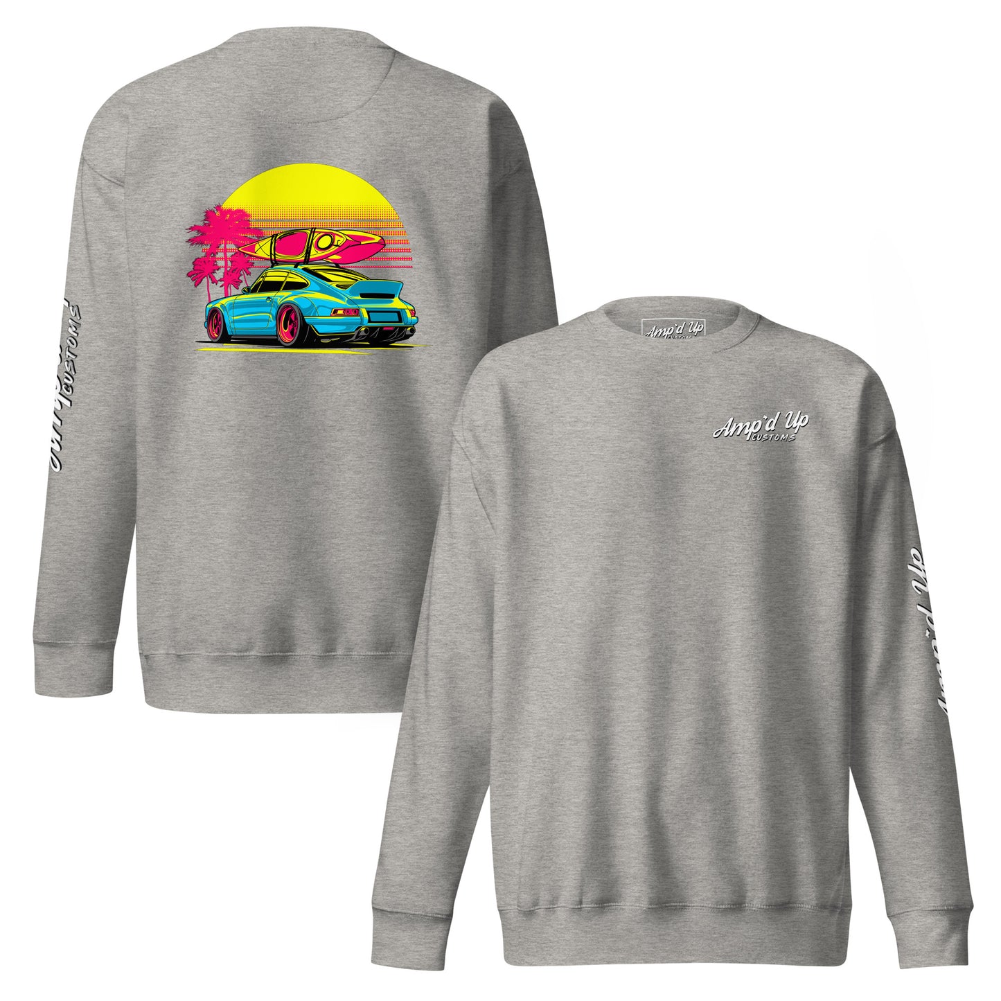 Gray Sunset Porsche Sweatshirt with back illustration featuring a colorful Porsche and palm trees