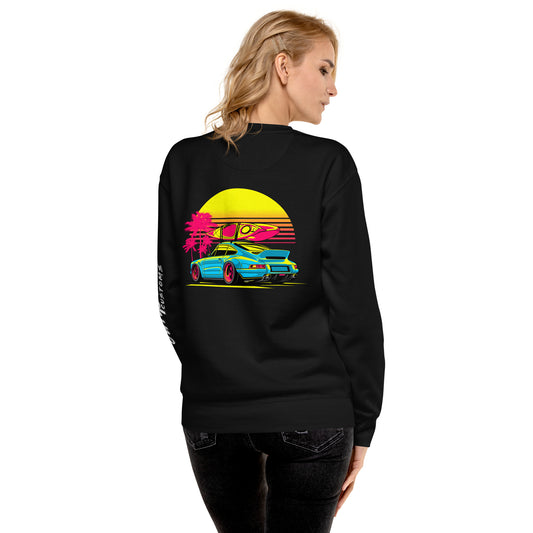 Back view of Sunset Porsche Sweatshirt featuring vibrant illustration with palm trees and sunset
