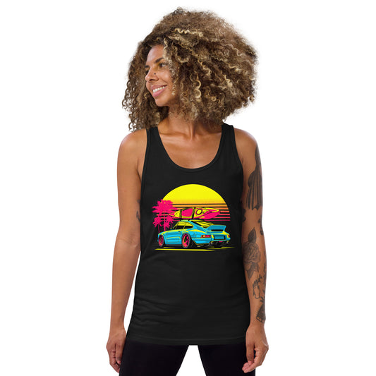 Sunset Porsche Tank Top featuring a vibrant design with a colorful car and palm trees