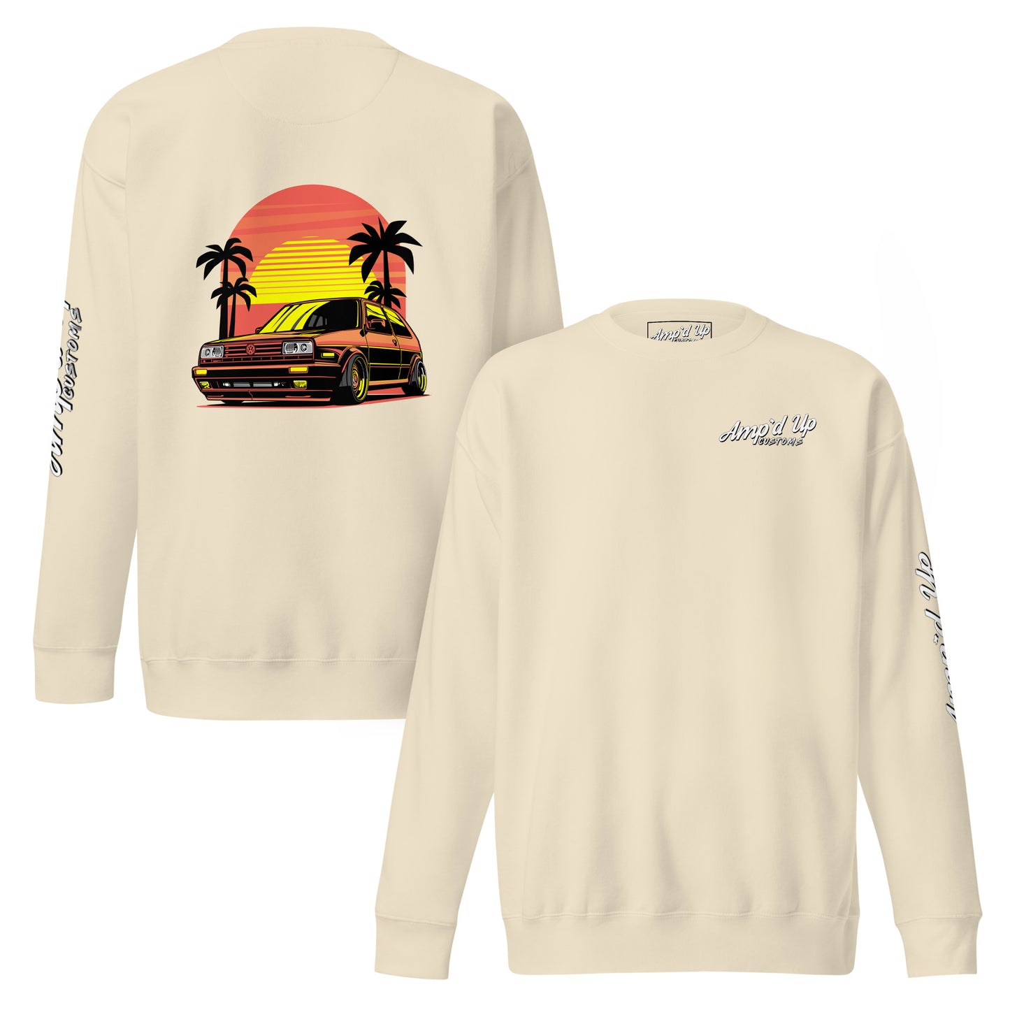 Sunset Volkswagen Sweatshirt with back illustration featuring a vintage car and palm trees