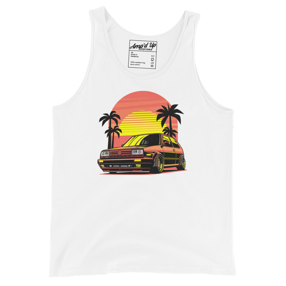 White Sunset Volkswagen Tank Top featuring a vibrant car graphic with palm trees and sunset design