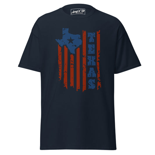 Texas T-Shirt featuring a distressed Texas map and striped design in navy blue and red
