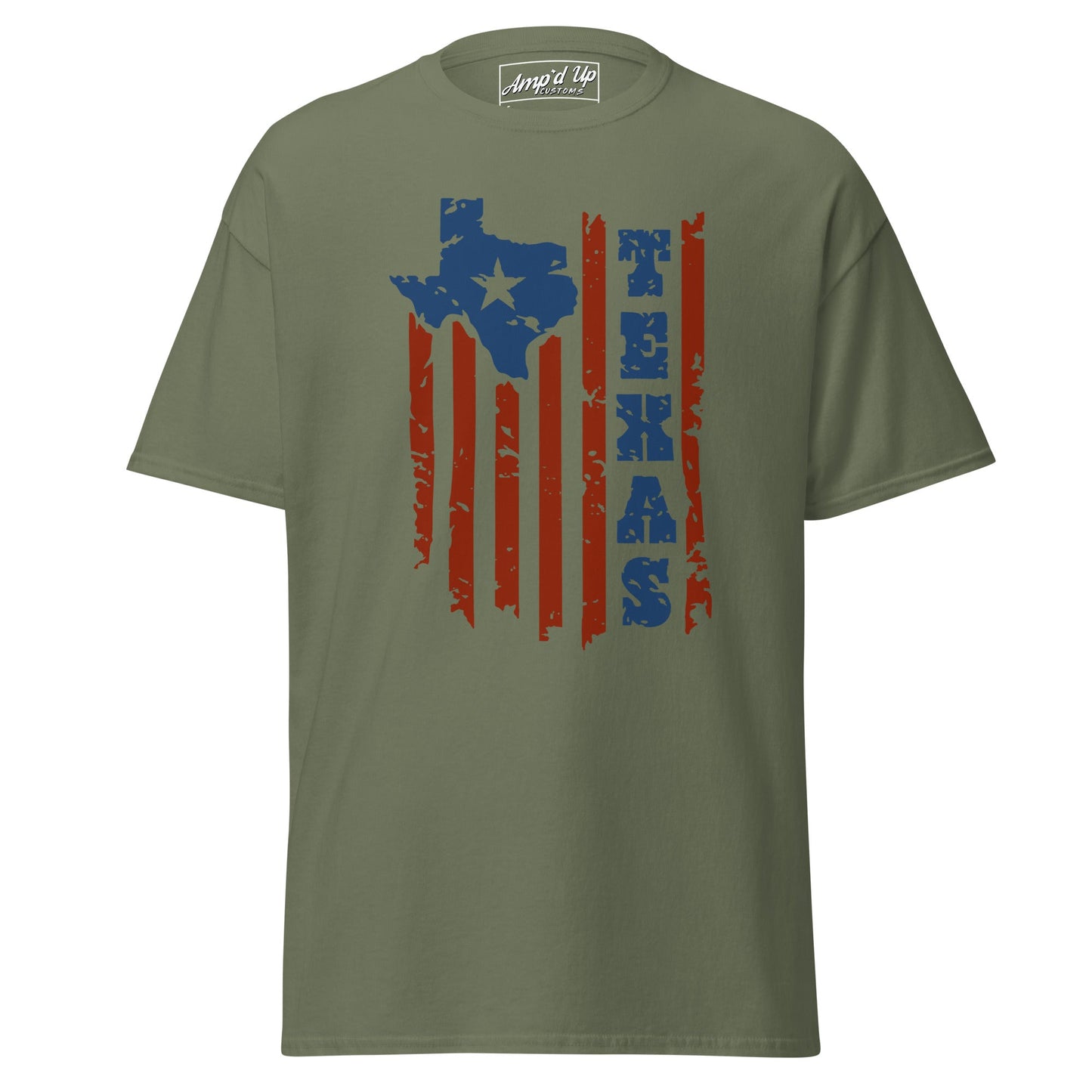 Texas T-Shirt featuring a distressed Texas flag design on an olive green background