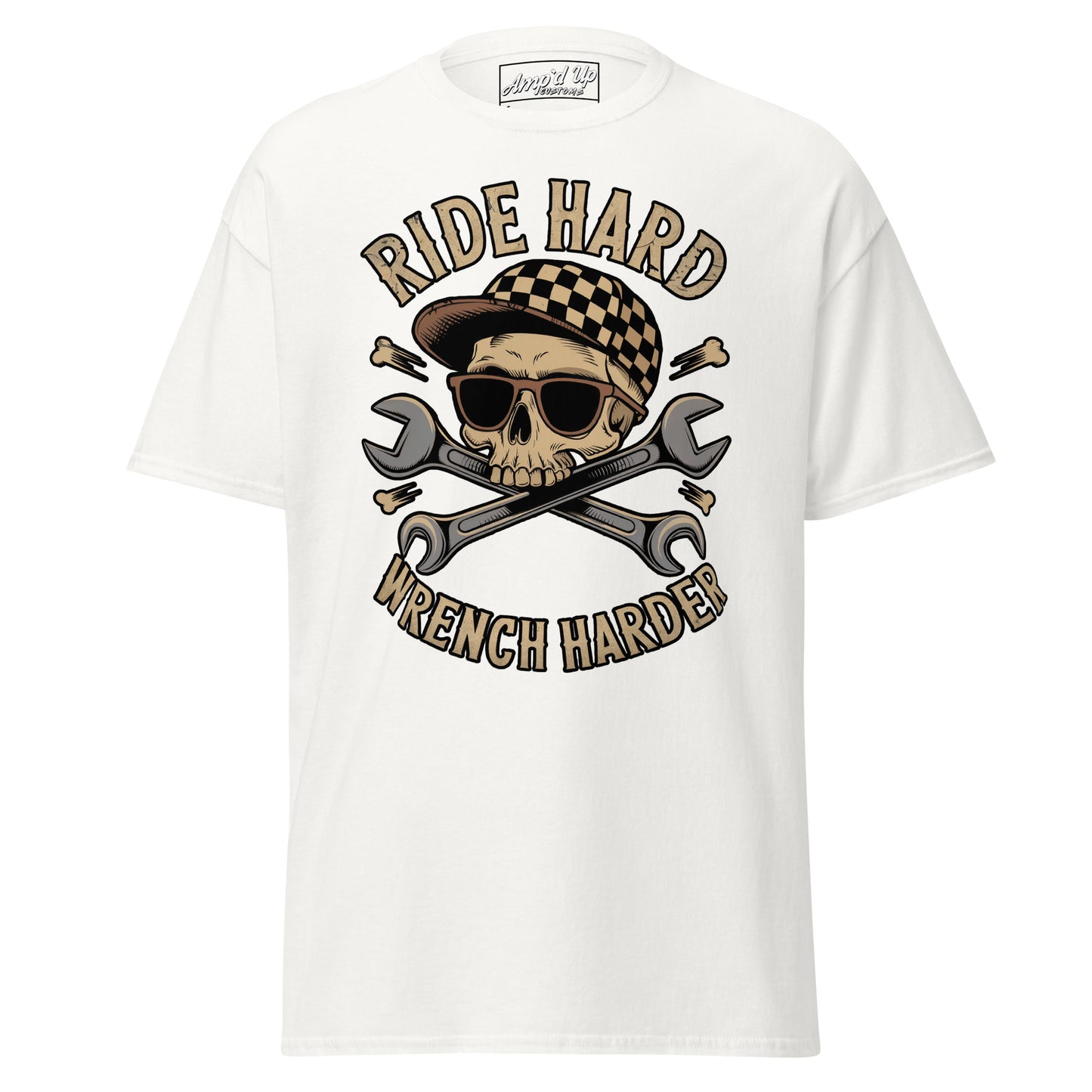 Ride Hard, Wrench Harder T-Shirt featuring a skull graphic and crossed wrenches on a white background