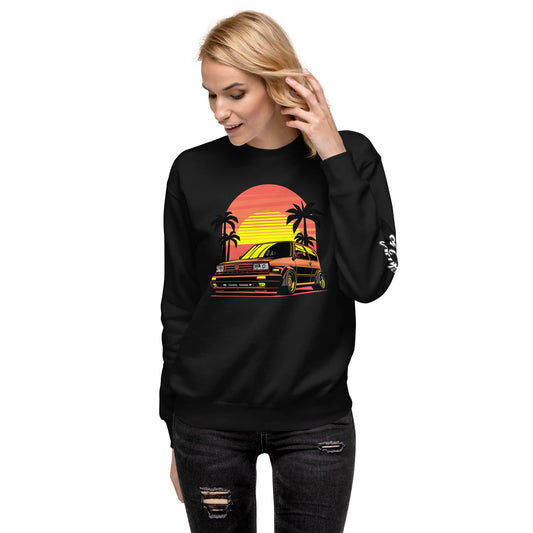 Sunset Volkswagen Sweatshirt featuring a vibrant graphic of a car with palm trees and sunset background