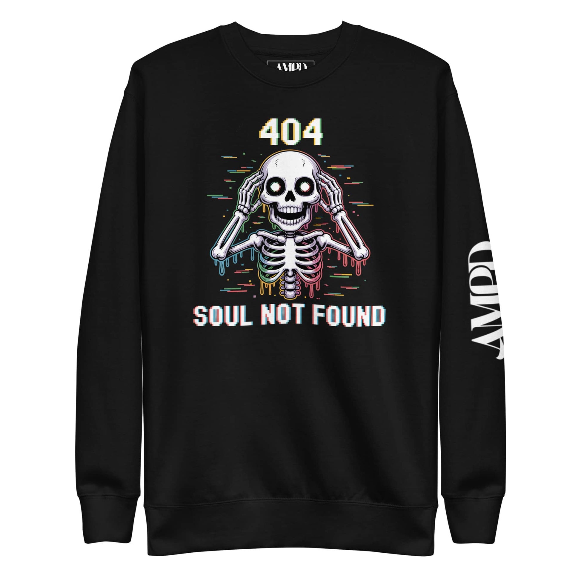 404 Soul Not Found Glitch Skeleton Sweatshirt in black featuring colorful graphic design