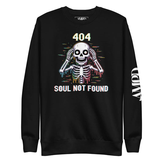 404 Soul Not Found Glitch Skeleton Sweatshirt in black featuring colorful graphic design