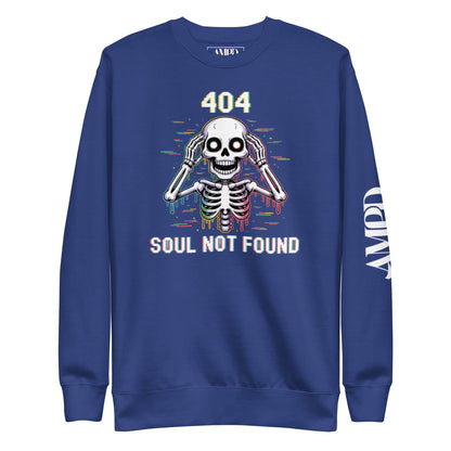 404 Soul Not Found Glitch Skeleton Sweatshirt in Blue with Colorful Graphic Design