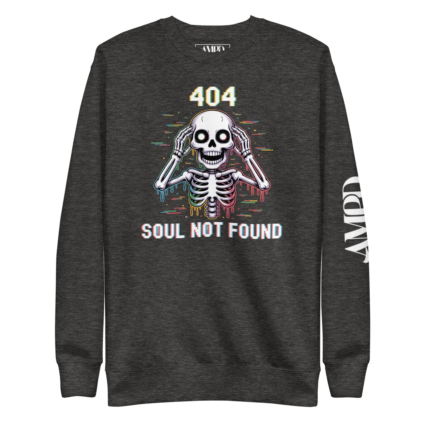 404 Soul Not Found Glitch Skeleton Sweatshirt by Amp'd Up Custom in dark gray with colorful graphic design