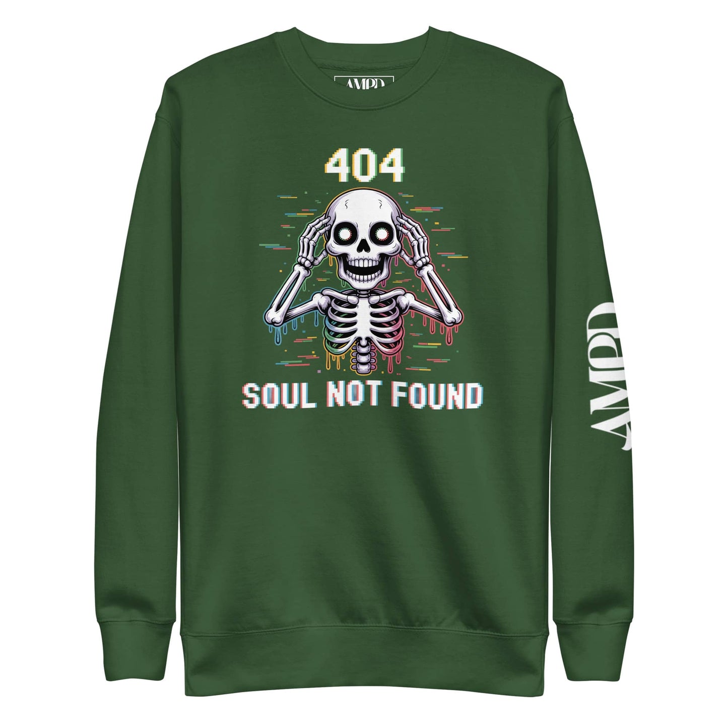 404 Soul Not Found Glitch Skeleton Sweatshirt in green with colorful graphic design