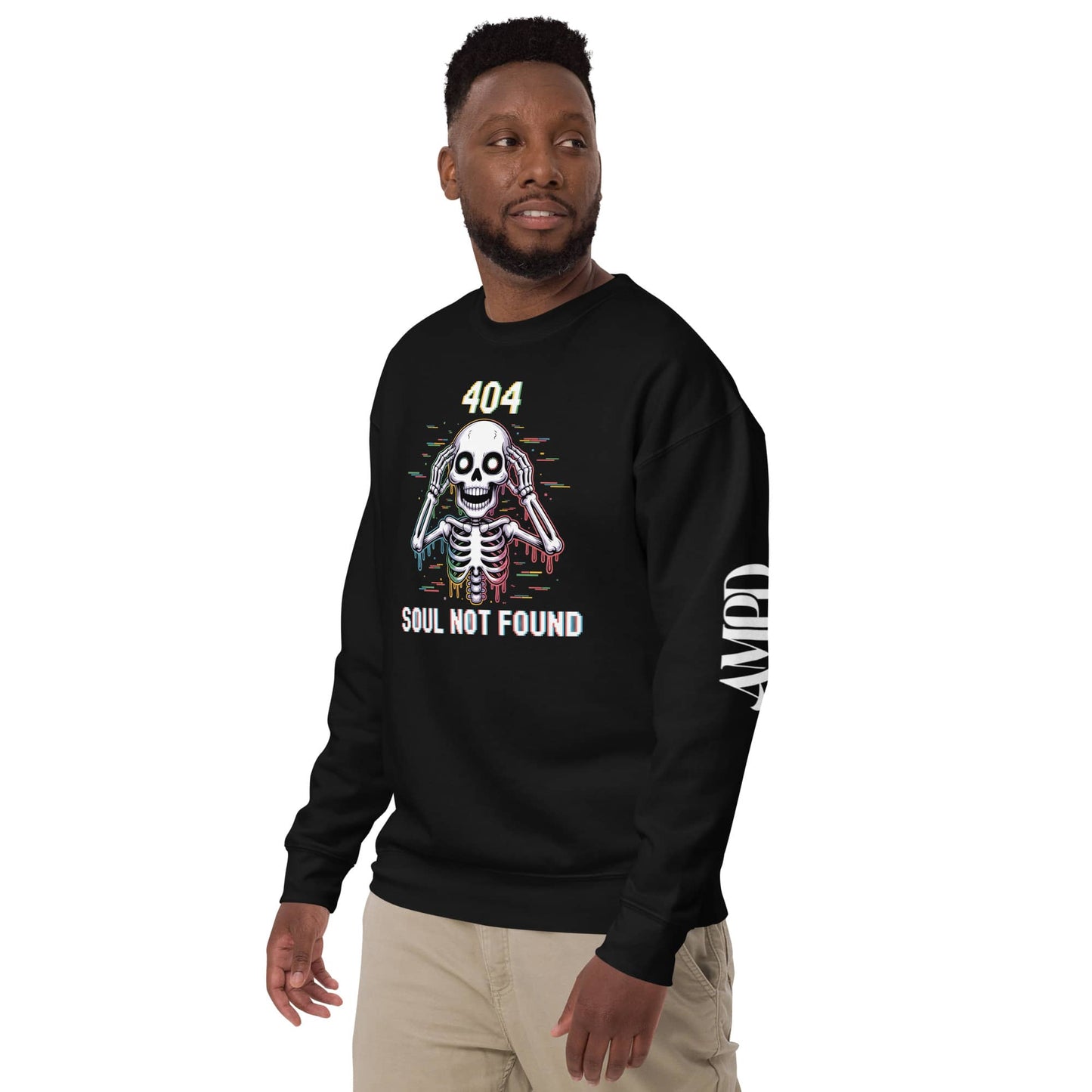 404 Soul Not Found Glitch Skeleton Sweatshirt by Amp'd Up Custom in black with colorful design
