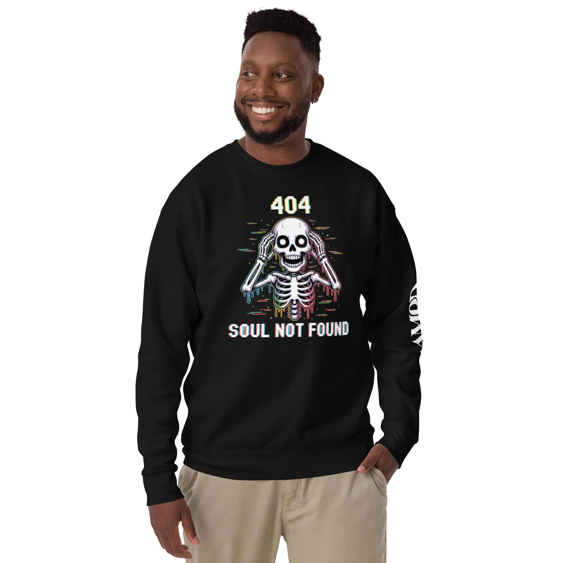 404 Soul Not Found Glitch Skeleton Sweatshirt in black featuring a colorful skeleton graphic
