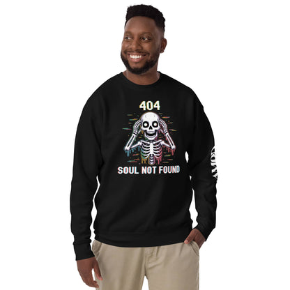 404 Soul Not Found Glitch Skeleton Sweatshirt in black featuring a colorful skeleton graphic