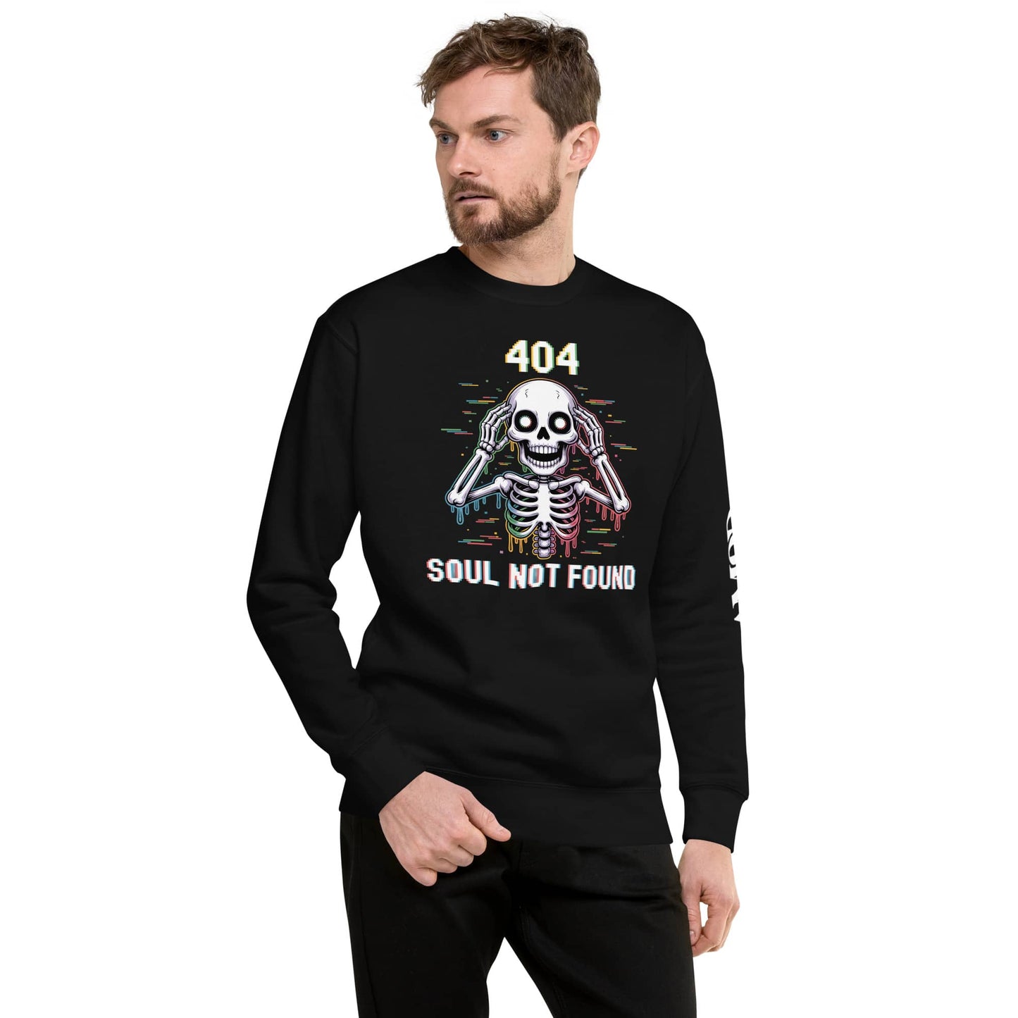404 Soul Not Found Glitch Skeleton Sweatshirt in black featuring a unique skeleton design