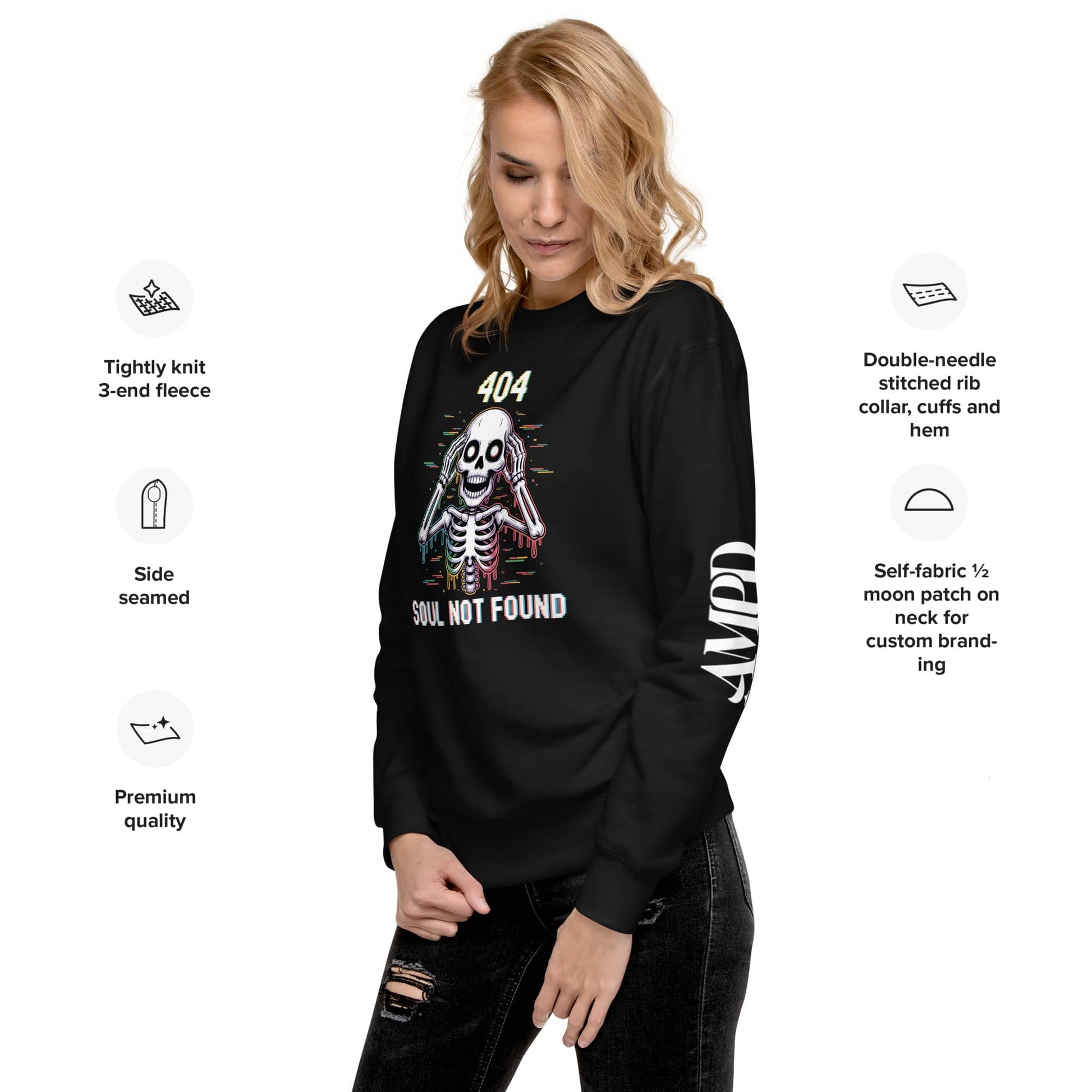 404 Soul Not Found Glitch Skeleton Sweatshirt featuring a colorful skeleton design and premium quality fabric