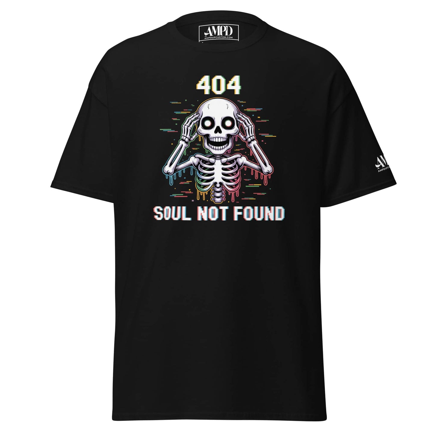 404 Soul Not Found Skeleton 3D Glitch Drip Graphic T-Shirt in black with vibrant design