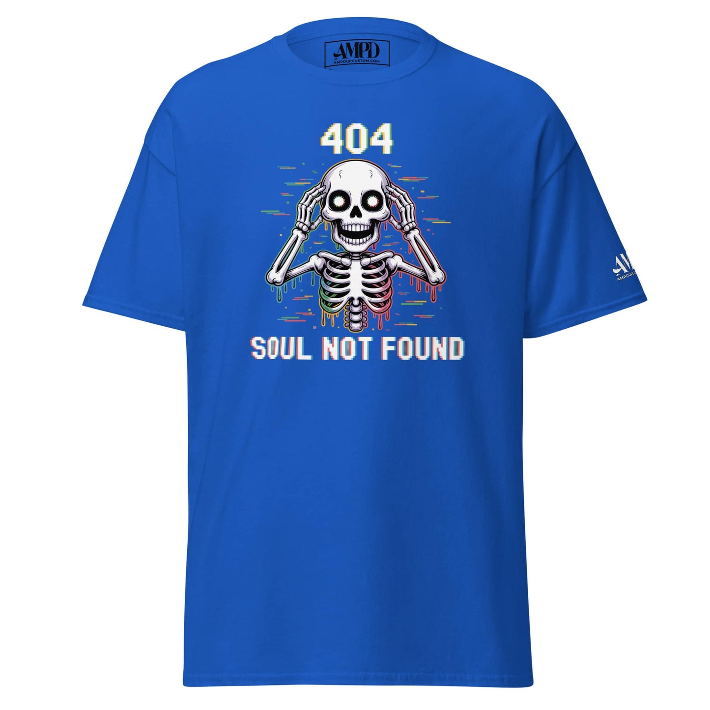 404 Soul Not Found Skeleton 3D Glitch Drip Graphic T-Shirt in blue for stylish casual wear