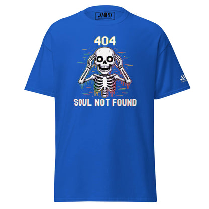 404 Soul Not Found Skeleton 3D Glitch Drip Graphic T-Shirt in blue for stylish casual wear