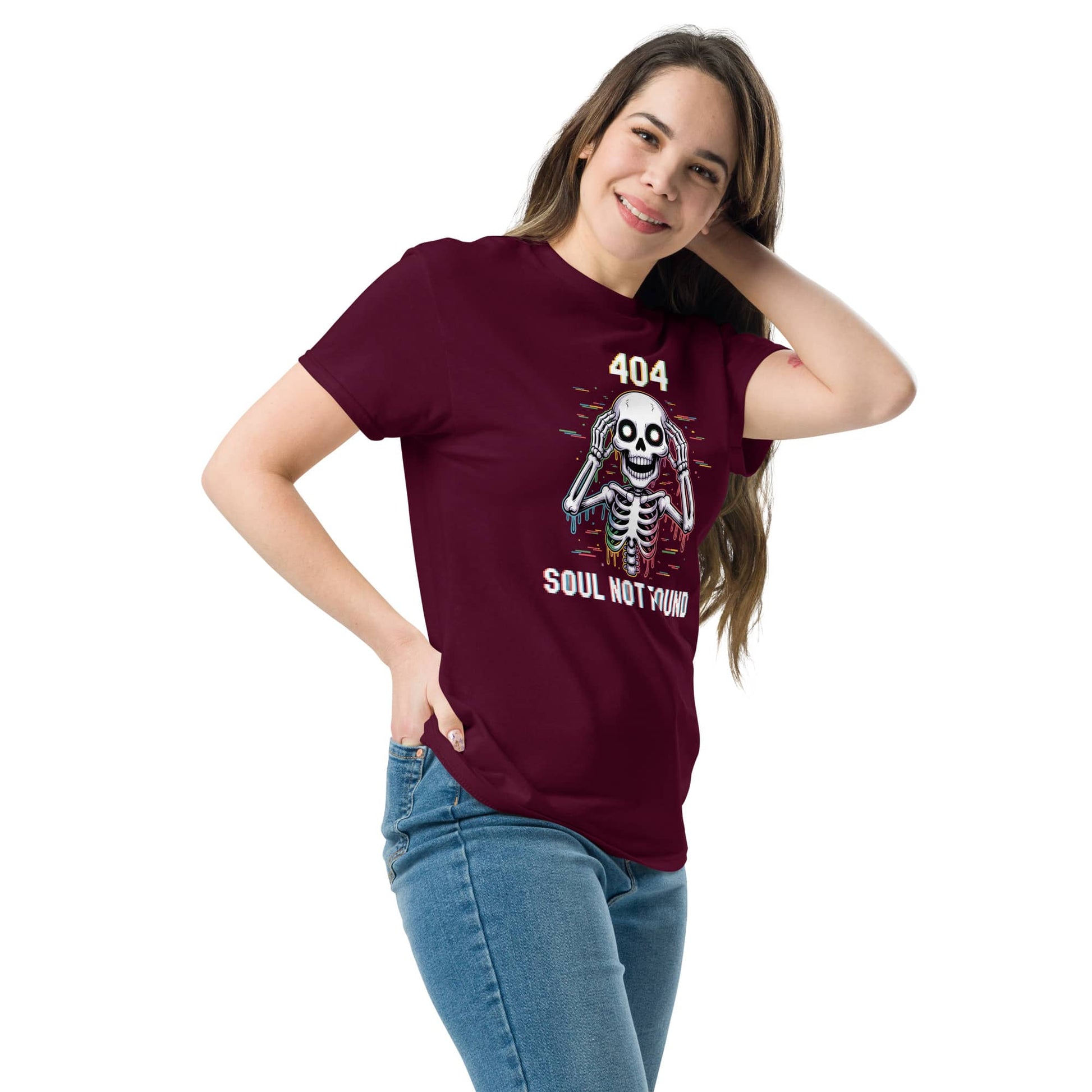 404 Soul Not Found Skeleton 3D Glitch Drip Graphic T-Shirt in maroon with playful design