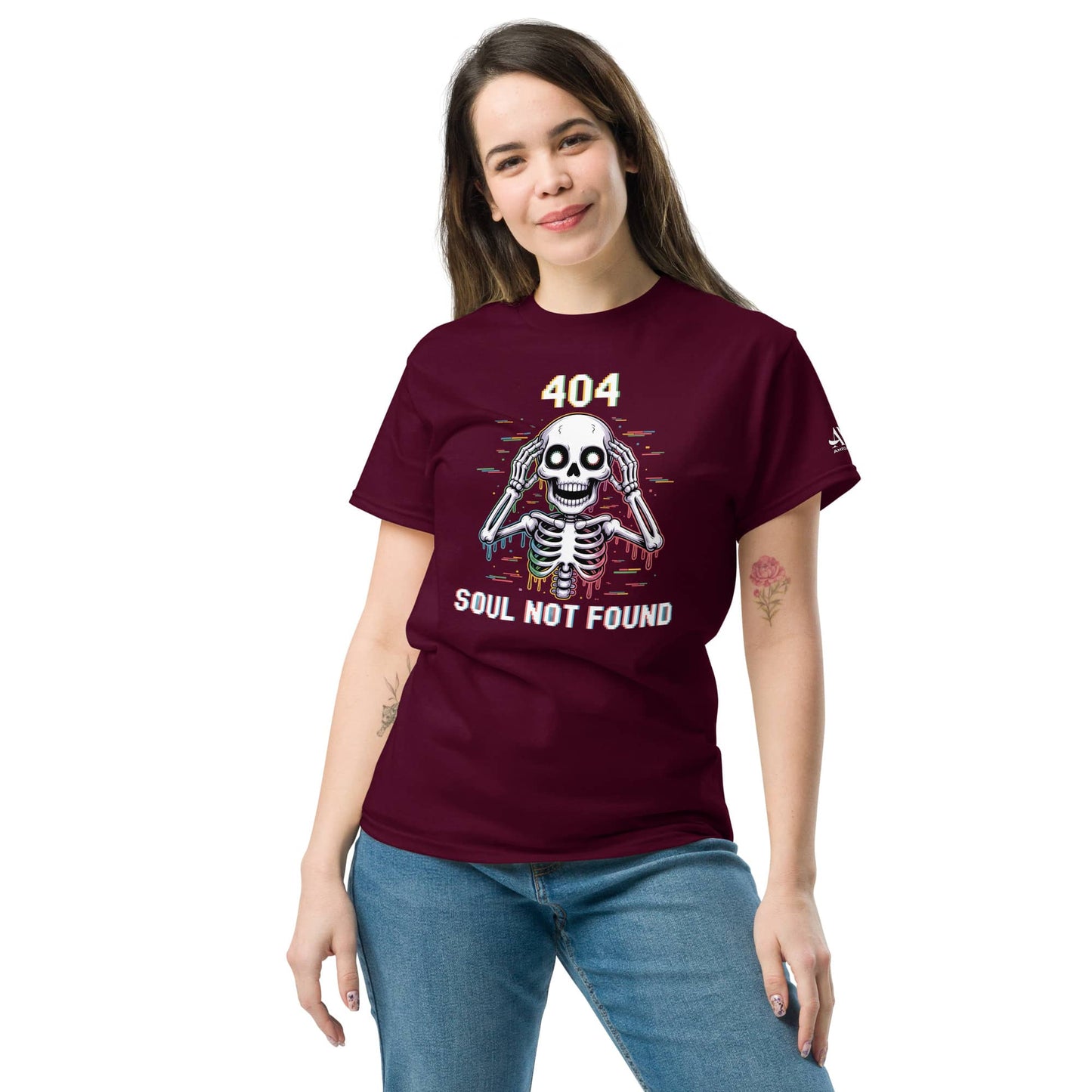 404 Soul Not Found Skeleton 3D Glitch Drip Graphic T-Shirt in dark maroon worn by a model
