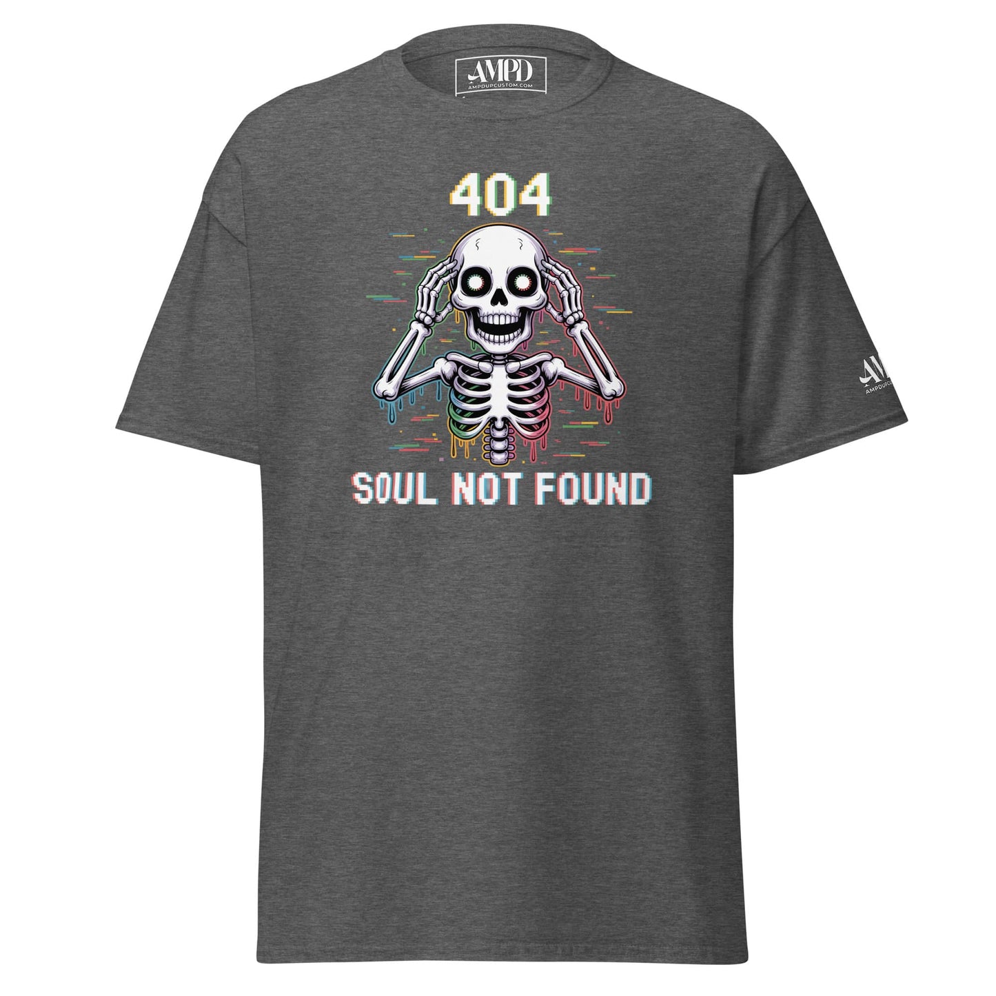 404 Soul Not Found Skeleton 3D Glitch Drip Graphic T-Shirt in gray with vibrant graphic design