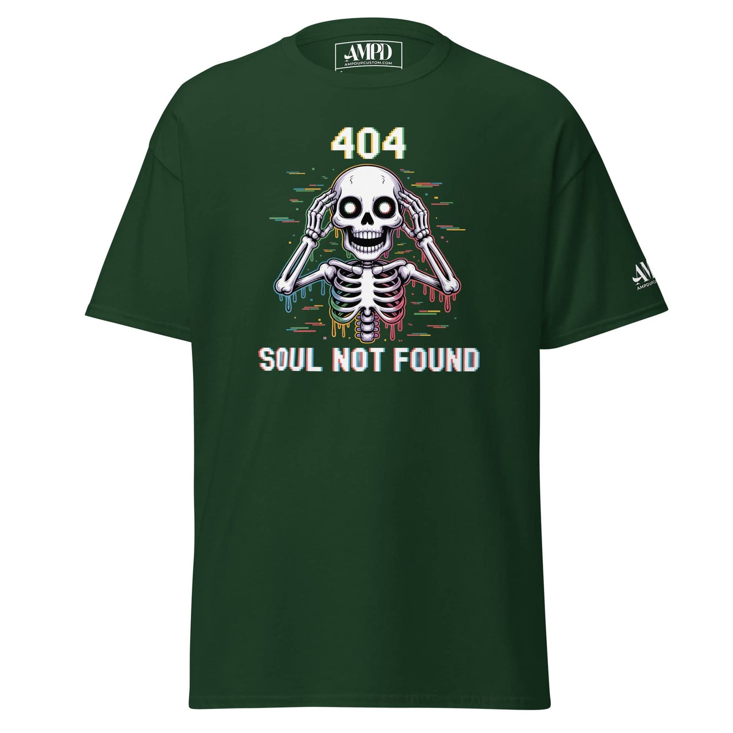 404 Soul Not Found Skeleton 3D Glitch Drip Graphic T-Shirt in dark green for unique streetwear style
