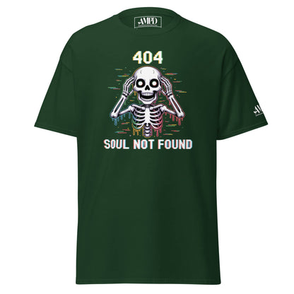 404 Soul Not Found Skeleton 3D Glitch Drip Graphic T-Shirt in dark green for unique streetwear style