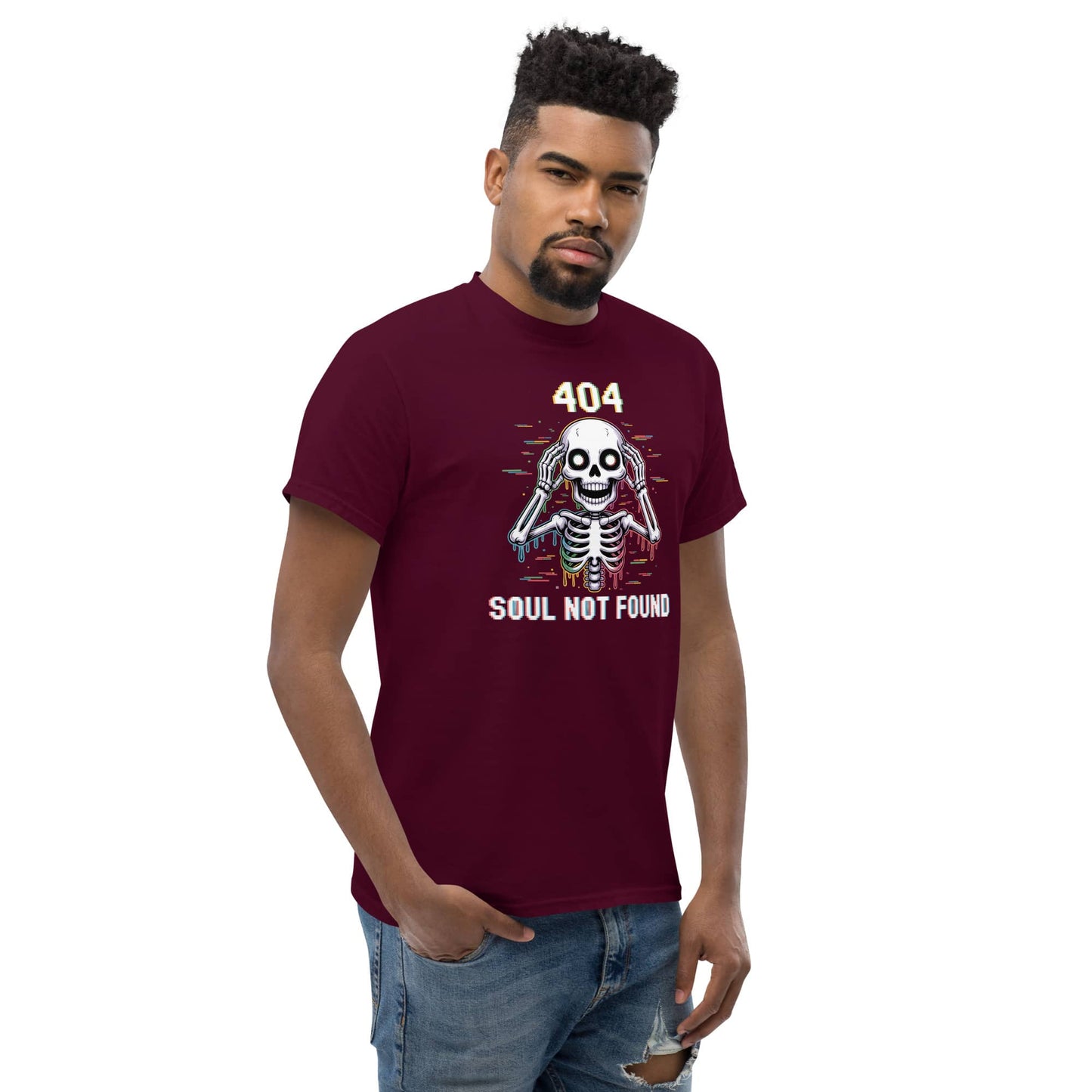 404 Soul Not Found Skeleton 3D Glitch Drip Graphic T-Shirt in burgundy for unique fashion lovers