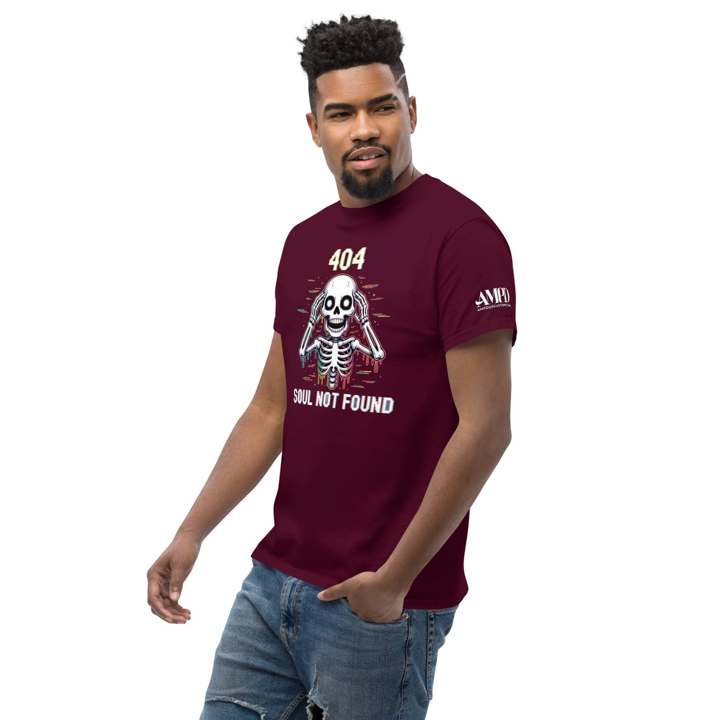 404 Soul Not Found Skeleton 3D Glitch Drip Graphic T-Shirt in Burgundy for unique style
