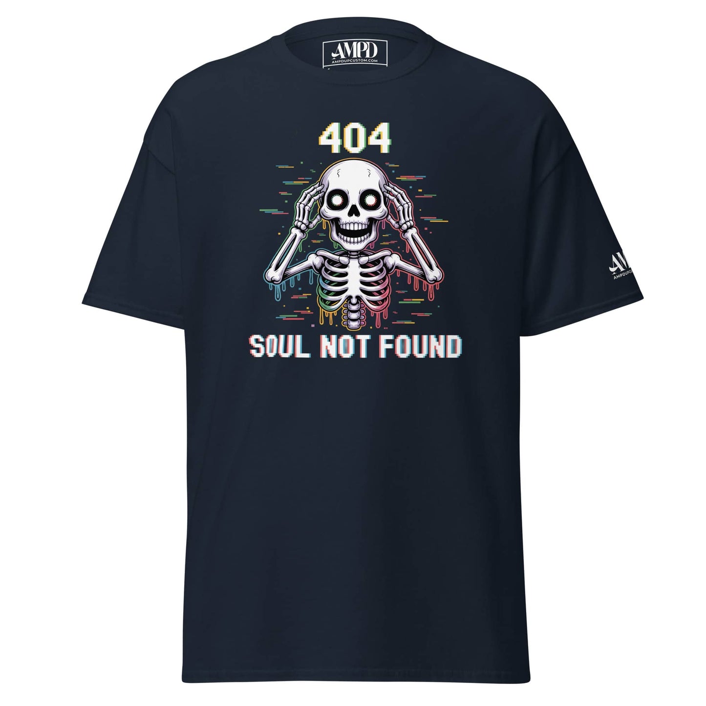 404 Soul Not Found Skeleton 3D Glitch Drip Graphic T-Shirt by Amp'd Up Custom in navy blue