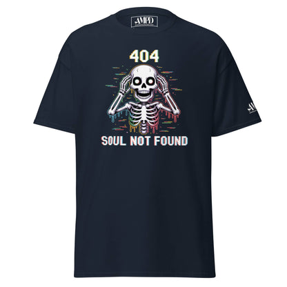 404 Soul Not Found Skeleton 3D Glitch Drip Graphic T-Shirt by Amp'd Up Custom in navy blue