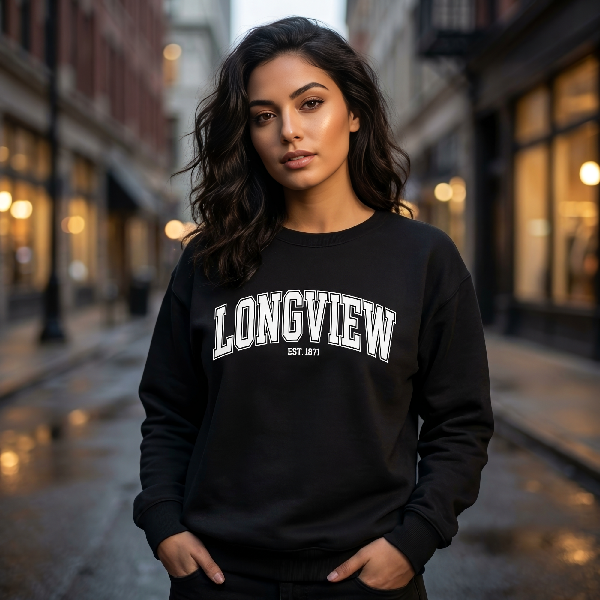 Woman wearing a black sweatshirt with 'LONGVIEW EST. 1871' text on a city street.