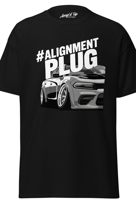 Black Alignment PLUG T-Shirt featuring a stylish graphic of a modified car design