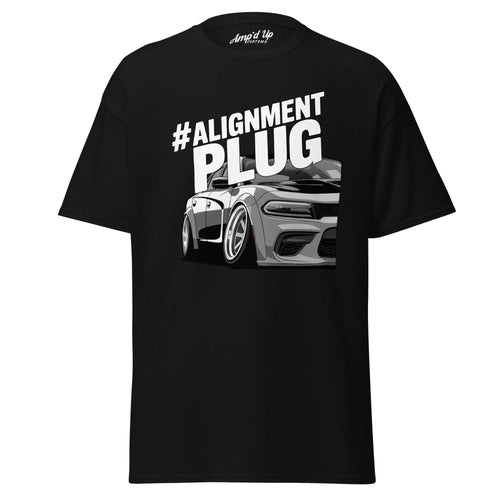 Black Alignment PLUG T-Shirt featuring a stylish graphic of a modified car design