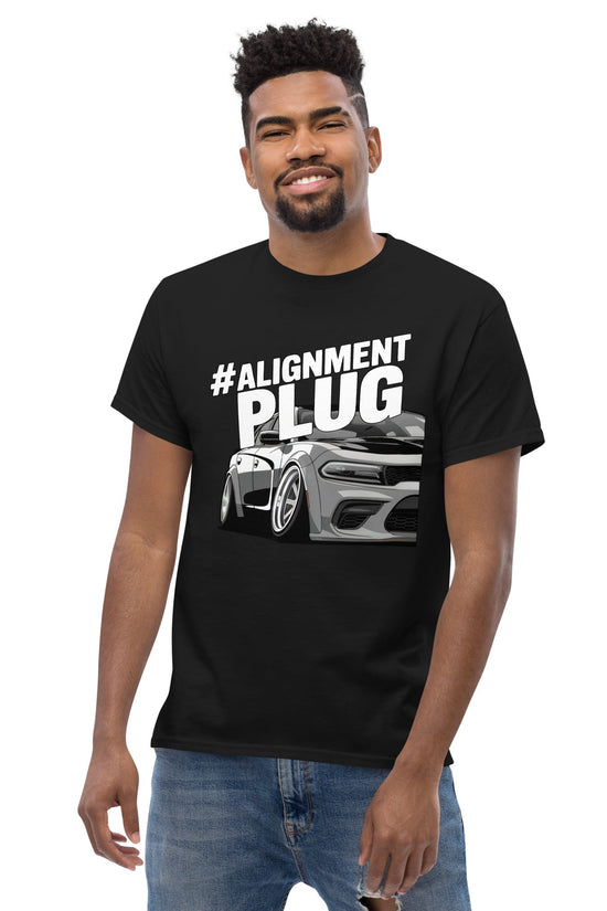 #Alignment PLUG T-Shirt in Black featuring a sporty design for car enthusiasts