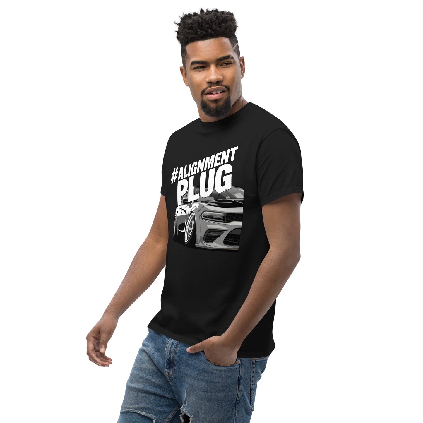 #ALIGNMENT PLUG T-Shirt in Black Featuring Car Graphics for Automotive Enthusiasts