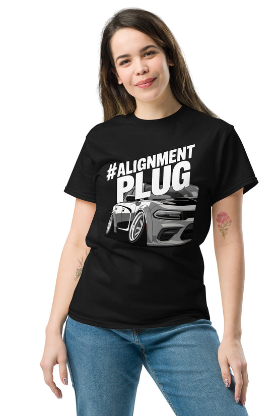 Woman wearing Alignment PLUG T-Shirt featuring bold graphics and a comfortable fit for car enthusiasts