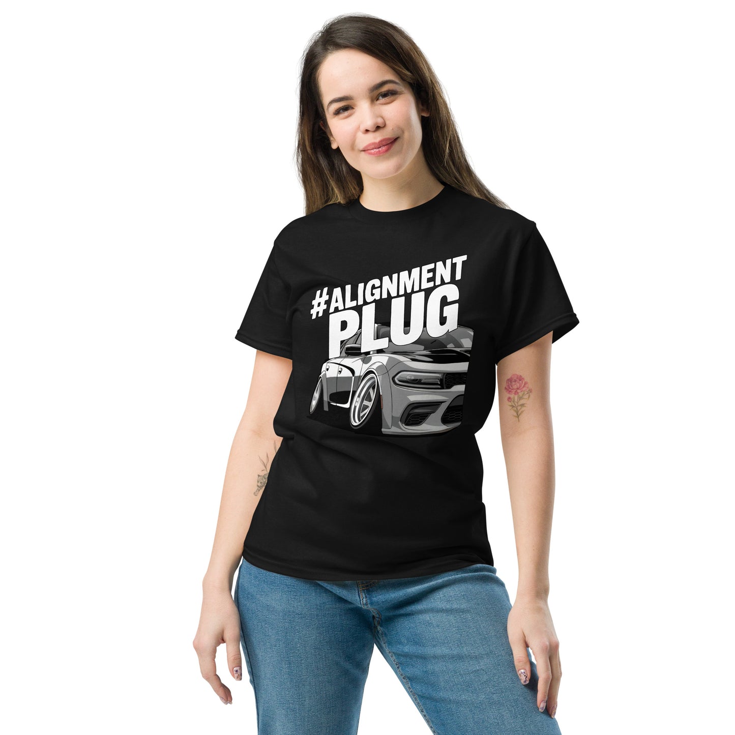 Woman wearing Alignment PLUG T-Shirt featuring bold graphics and a comfortable fit for car enthusiasts