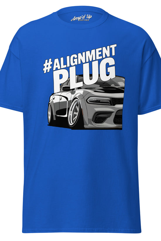 #Alignment PLUG T-Shirt in blue featuring a graphic of a sporty car design