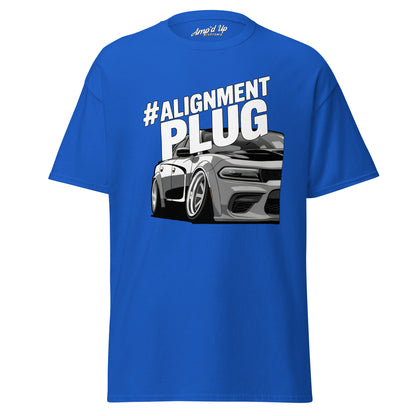 #Alignment PLUG T-Shirt in blue featuring a graphic of a sporty car design