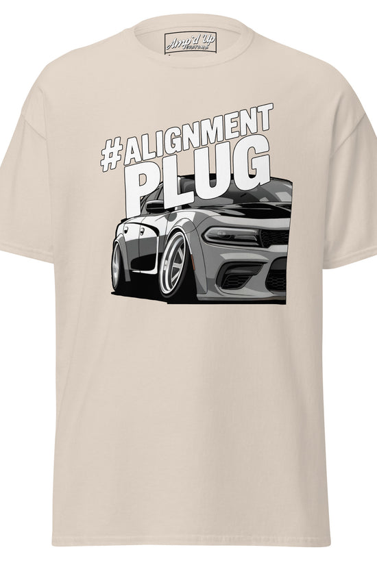 #ALIGNMENT PLUG T-Shirt featuring a stylish car graphic on a comfortable beige background