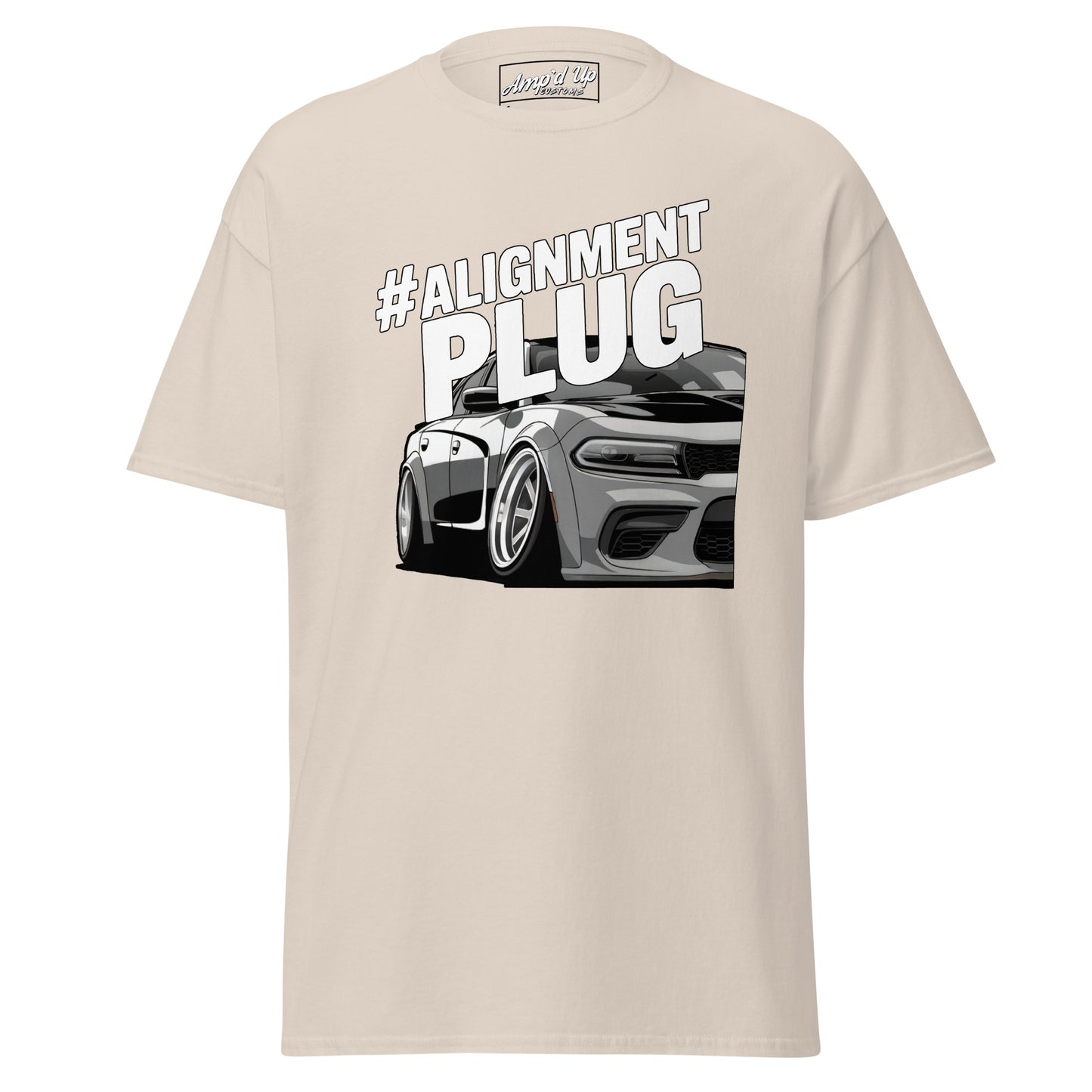#ALIGNMENT PLUG T-Shirt featuring a stylish car graphic on a comfortable beige background