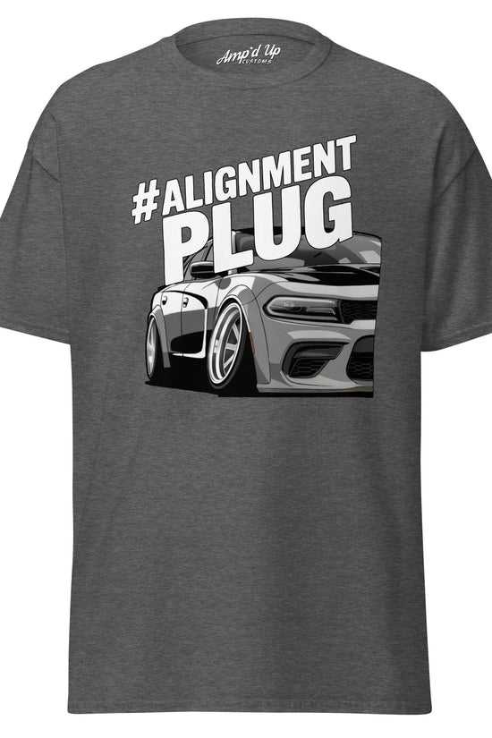 #Alignment PLUG T-Shirt in gray featuring graphic of a sporty car for automotive enthusiasts